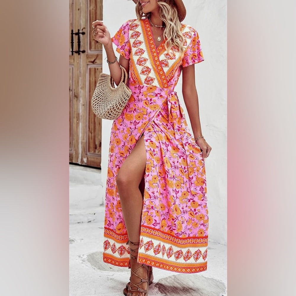 Pink and Orange floral print wrap maxi dress
